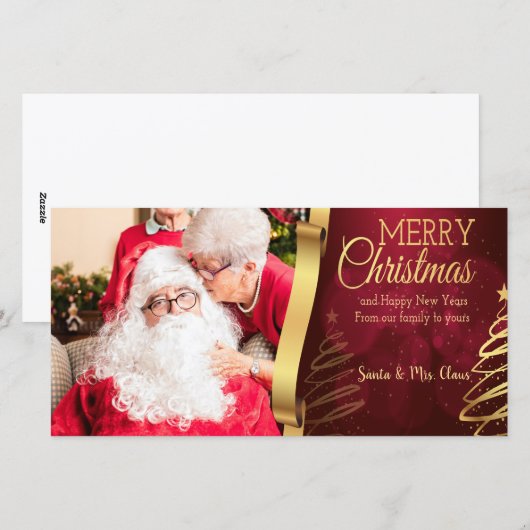 Elegante rode en gouden vrolijke kerstfotokaart feestdagenkaart (Voorkant / Achterkant)