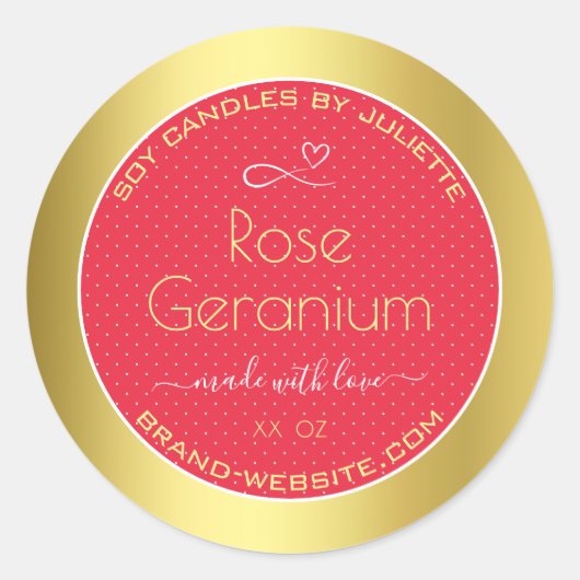 Elegante rode en goudkleurige sojakaarsen Verpakki Ronde Sticker (Voorkant)