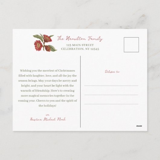 Elegante rode en groene bloemenkerst feestdagenkaart (Achterkant)