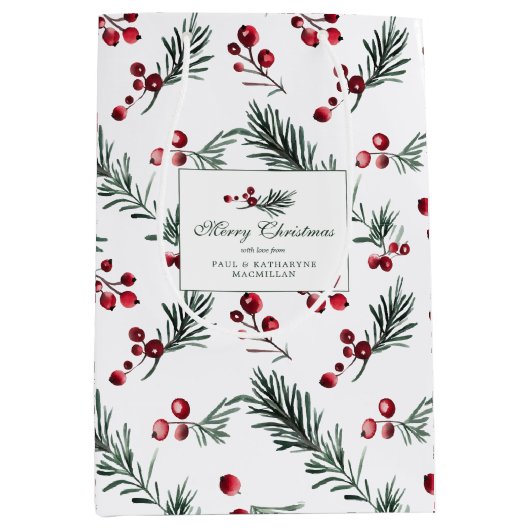 Elegante Rode en Groene Botanische Kerst Custom Medium Cadeauzakje (Voorkant)