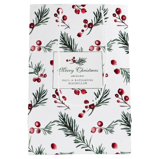 Elegante Rode en Groene Botanische Kerst Custom Medium Cadeauzakje (Achterkant)