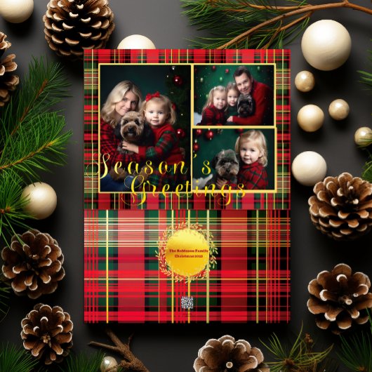 Elegante rode en groene geruite foto kerst feestdagenkaart