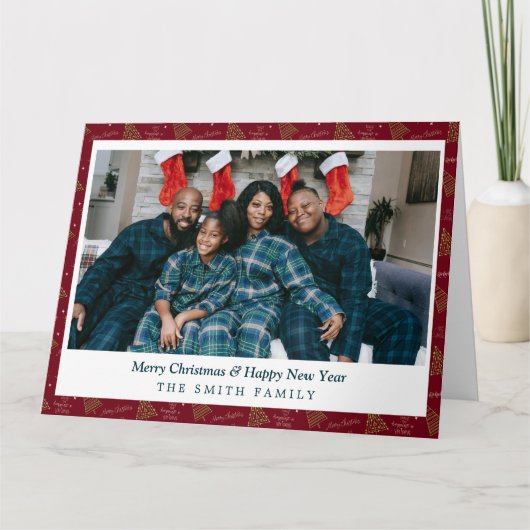 Elegante rode en groene kerst met bomen en foto's kaart (Voorkant)