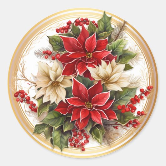 Elegante rode en groene kerstbloemen ronde sticker (Voorkant)