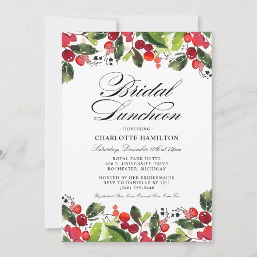 Elegante rode en groene vakantie bruids lunch kaart (Voorkant)