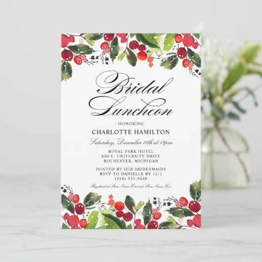 Elegante rode en groene vakantie bruids lunch kaart (Staand voorkant)