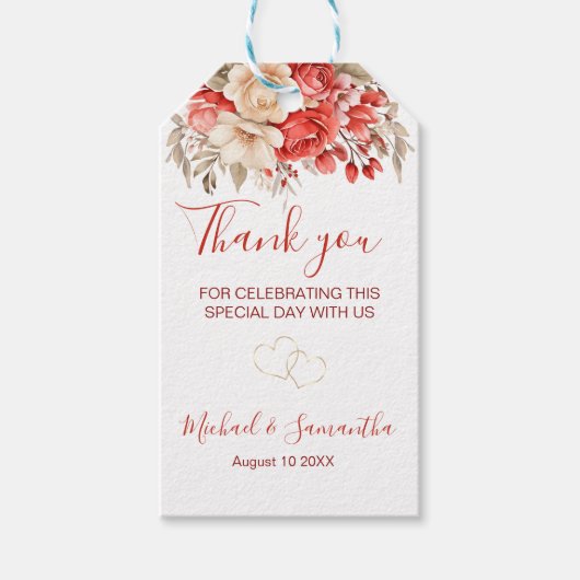 Elegante Rode en Ivoren Rozen Bruiloft Cadeaulabel (Voorkant)