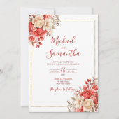 Elegante Rode en Ivoren Rozen Bruiloft Kaart (Voorkant)