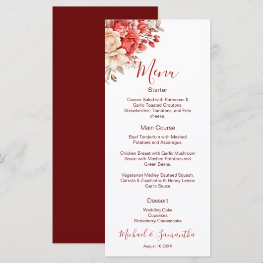 Elegante Rode en Ivoren Rozen Bruiloft Menu (Voorkant / Achterkant)
