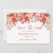 Elegante Rode en Ivoren Rozen Bruiloft Save The Date (Voorkant)