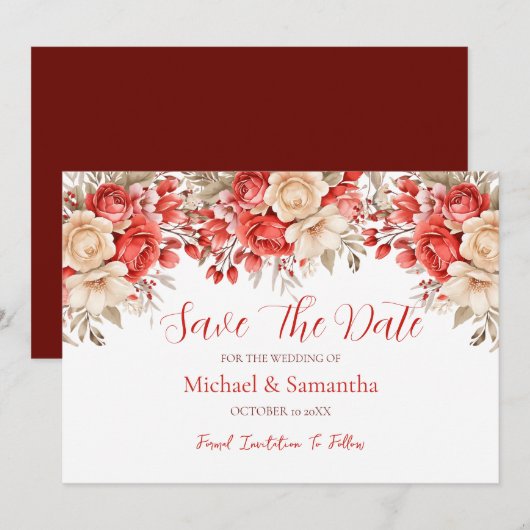 Elegante Rode en Ivoren Rozen Bruiloft Save The Date (Voorkant / Achterkant)