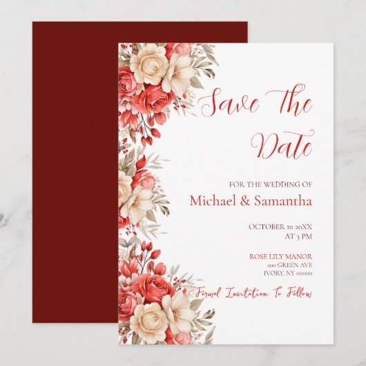 Elegante Rode en Ivoren Rozen Bruiloft Save The Date (Voorkant / Achterkant)