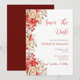 Elegante Rode en Ivoren Rozen Bruiloft Save The Date