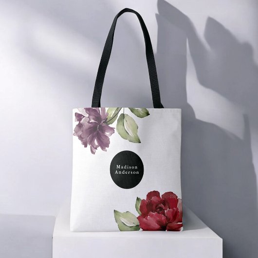 Elegante rode en Paarse Waterverf Bloemen met Naam Tote Bag