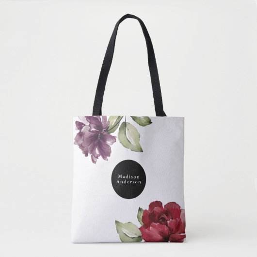 Elegante rode en Paarse Waterverf Bloemen met Naam Tote Bag (Voorkant)