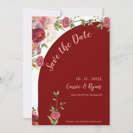 Elegante rode en perzik bloemenboog Bewaar de datu (Voorkant)