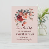 Elegante rode en perzik blozen bloemenbruiloft save the date (Staand voorkant)
