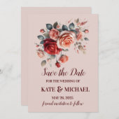 Elegante rode en perzik blozen bloemenbruiloft save the date (Voorkant / Achterkant)