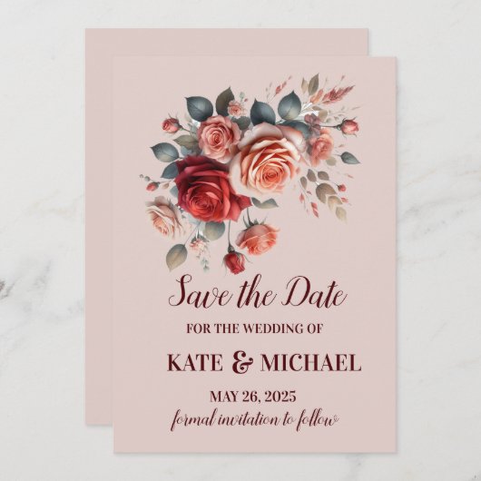 Elegante rode en perzik blozen bloemenbruiloft save the date (Voorkant / Achterkant)