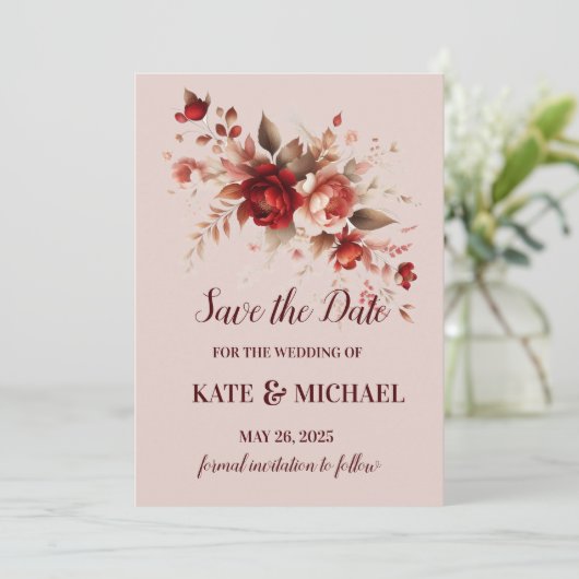 Elegante rode en perzik blozen bloemenbruiloft save the date (Staand voorkant)