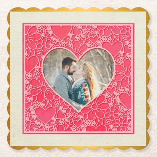 Elegante rode en roze bloemharten Valentijnsdag Kartonnen Onderzetters (Voorkant)