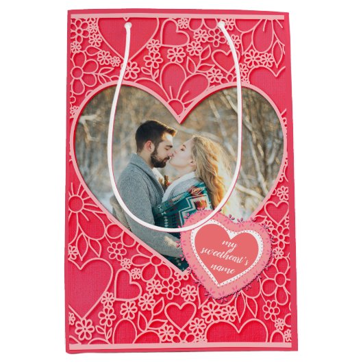 Elegante rode en roze bloemharten Valentijnsdag Medium Cadeauzakje (Voorkant)