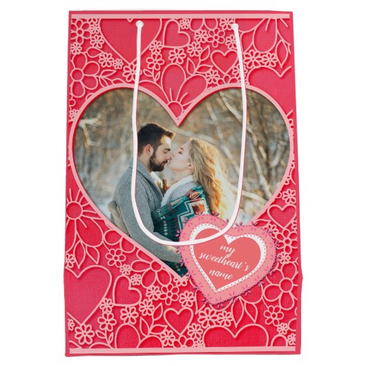 Elegante rode en roze bloemharten Valentijnsdag Medium Cadeauzakje (Achterkant)