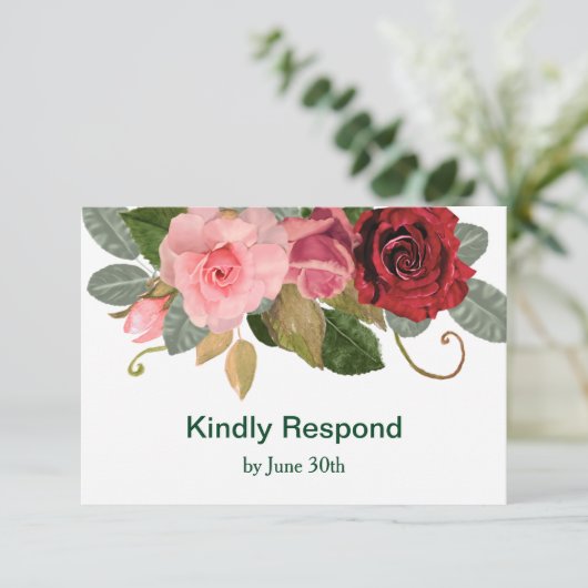 Elegante rode en roze roos rand trouw-RSVP RSVP Kaartje (Staand voorkant)