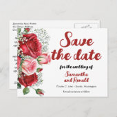 Elegante rode en roze rozen bruiloft aankondigingskaart (Voorkant / Achterkant)