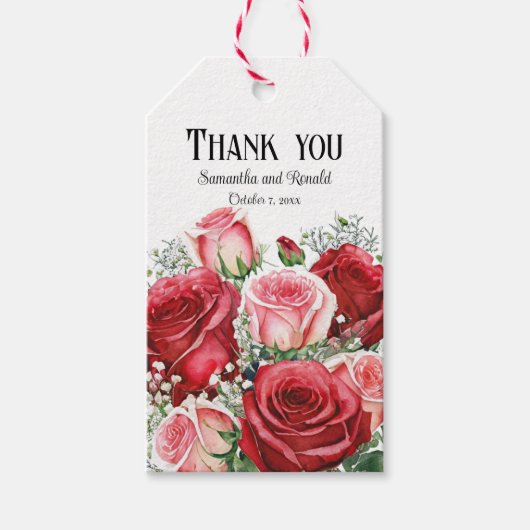Elegante rode en roze rozen bruiloft cadeaulabel (Voorkant)