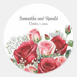 Elegante rode en roze rozen bruiloft ronde sticker