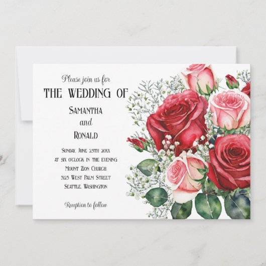 Elegante rode en roze rozen bruiloft uitnodiging (Voorkant)