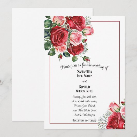 Elegante rode en roze rozen bruiloft uitnodiging (Voorkant / Achterkant)
