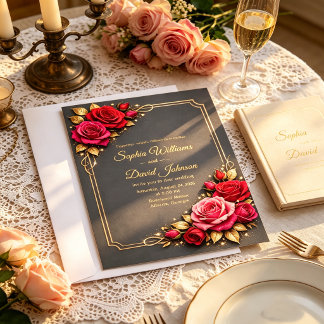 Elegante rode en roze rozen trouwuitnodiging achte kaart