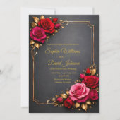 Elegante rode en roze rozen trouwuitnodiging achte kaart (Voorkant)