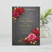 Elegante rode en roze rozen trouwuitnodiging achte kaart (Staand voorkant)