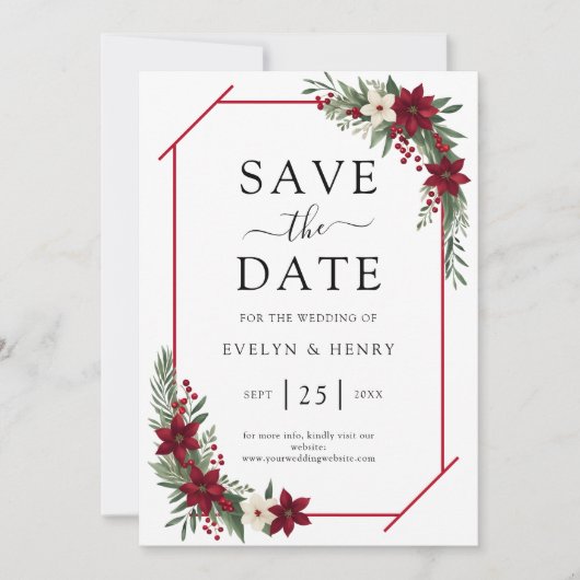 Elegante rode en witte bloemengroen bruiloft save the date (Voorkant)