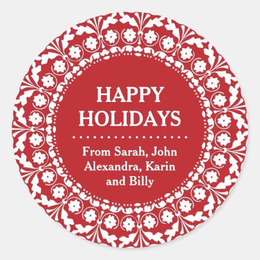 Elegante Rode en Witte Kerstmisetiketten Volkskuns Ronde Sticker (Voorkant)