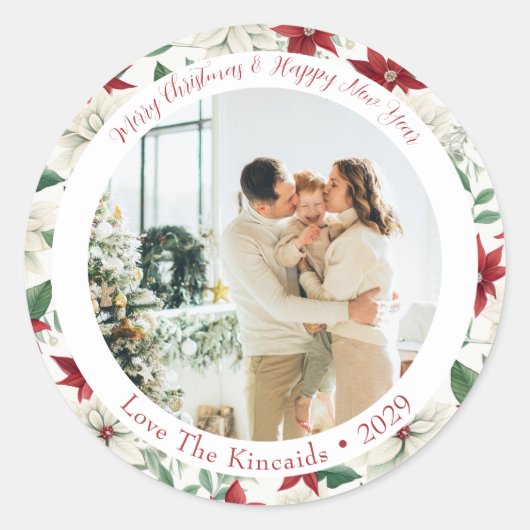 Elegante rode en witte poinsettia fotosticker ronde sticker (Voorkant)