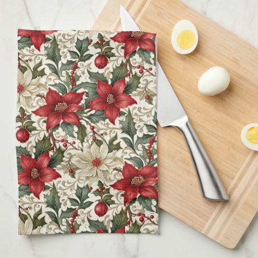 Elegante rode en witte poinsettia theedoek (Quarter Fold)