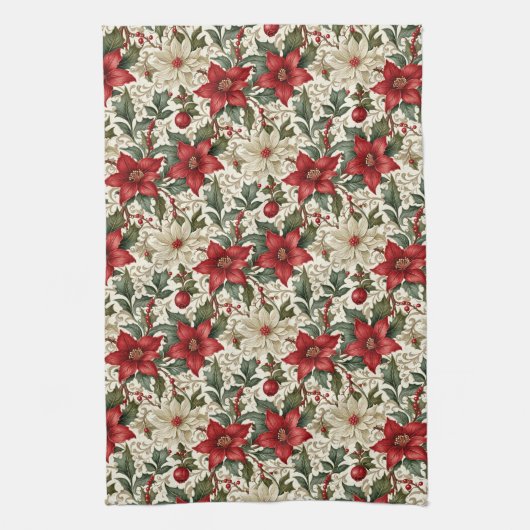 Elegante rode en witte poinsettia theedoek (Verticaal)