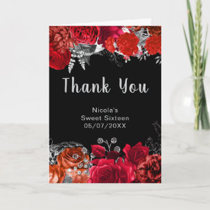 Elegante rode en zilveren bloemen Sweet Sixteen Bedankkaart