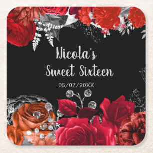 Elegante rode en zilveren bloemen Sweet Sixteen Kartonnen Onderzetters