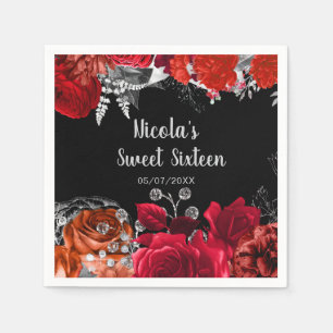 Elegante rode en zilveren bloemen Sweet Sixteen  Servet