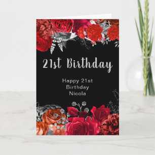 Elegante Rode en Zilveren Bloemen Verjaardag Kaart
