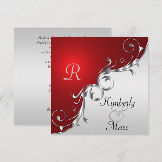 Elegante rode en zilveren bruiloft uitnodiging (Voorkant / Achterkant)