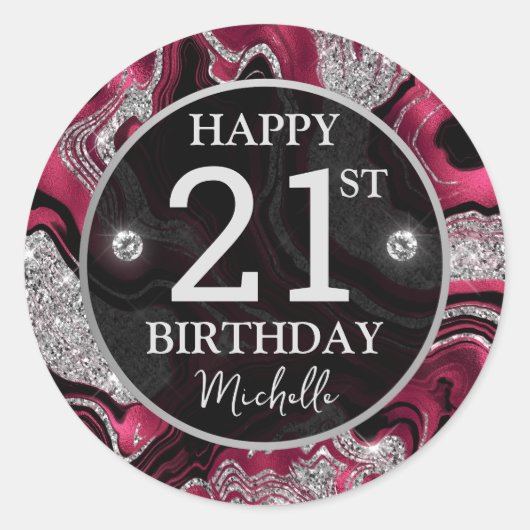 Elegante rode en zilveren glitter agaat verjaardag ronde sticker (Voorkant)