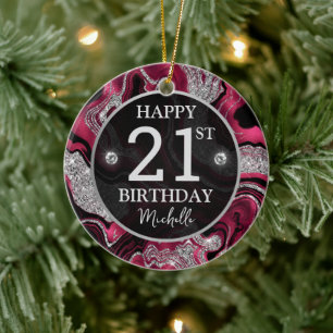 Elegante rode en zilveren glitters agaat verjaarda keramisch ornament