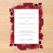Elegante rode en zilveren Roos Clear Wedding Acryl Uitnodigingen (Voorkant)