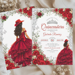 Elegante Rode en Zilveren Werstern Quinceañera  Kaart